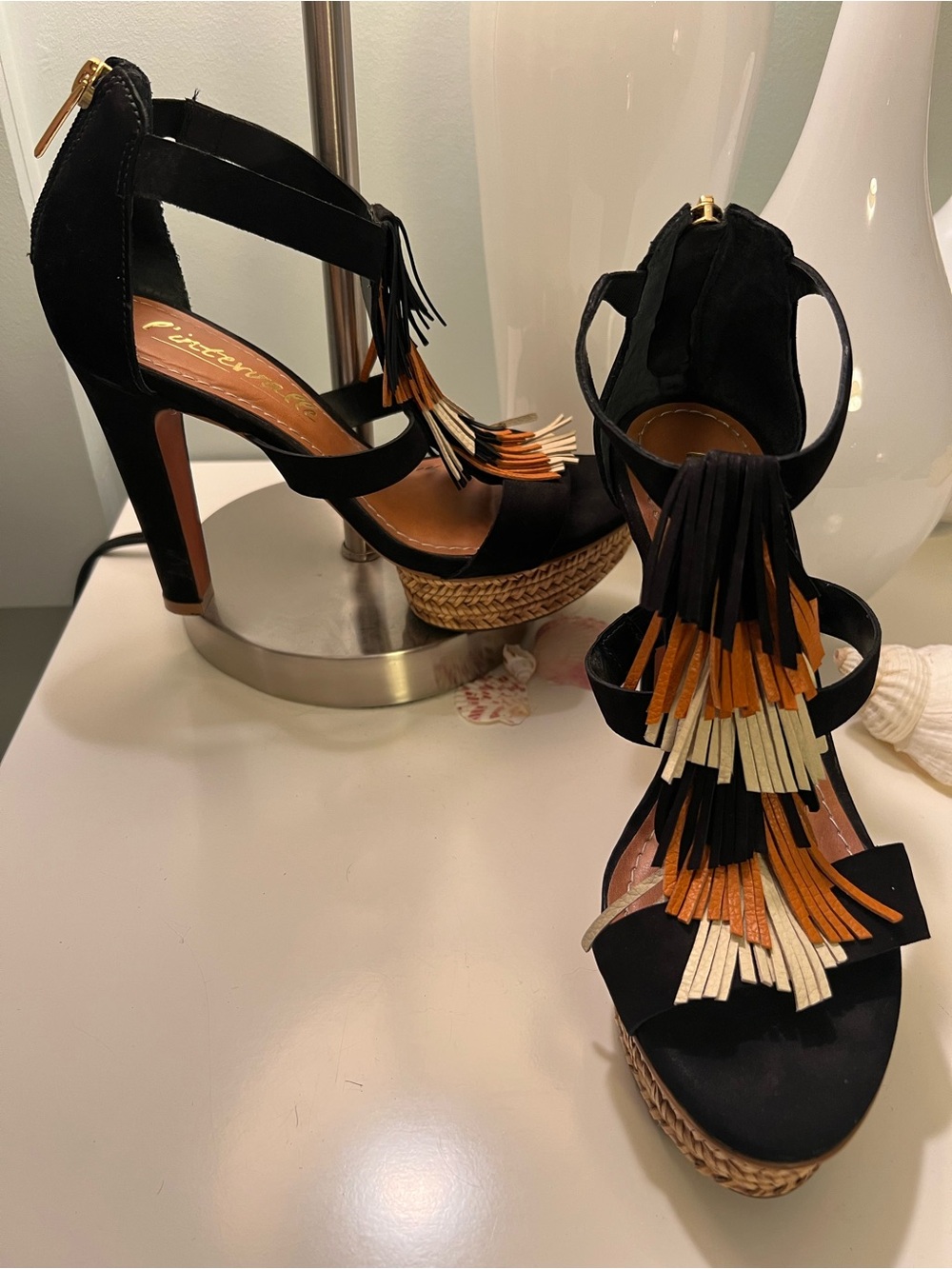 L'INTERVALLE Black Suede Fringe Espadrille Platform Sandals